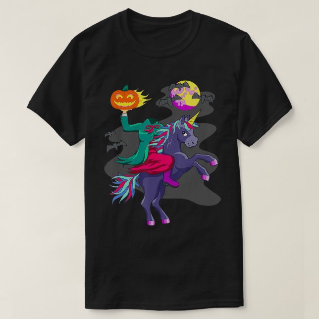 Camiseta Cavaleiro sem Cabeça de Unicórnio do Halloween Cab (Frente do Design)