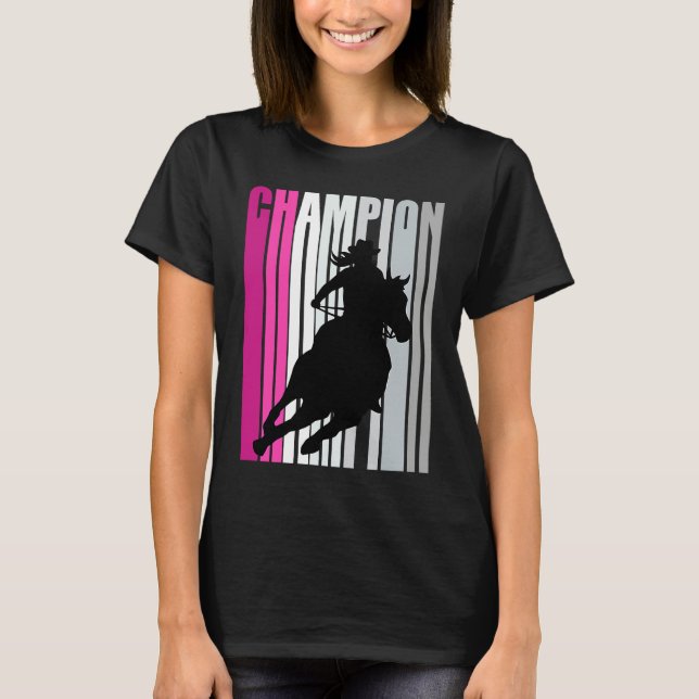 Camiseta Cavalgada de Campeão de Barril de Corrida Rosa Ret (Frente)