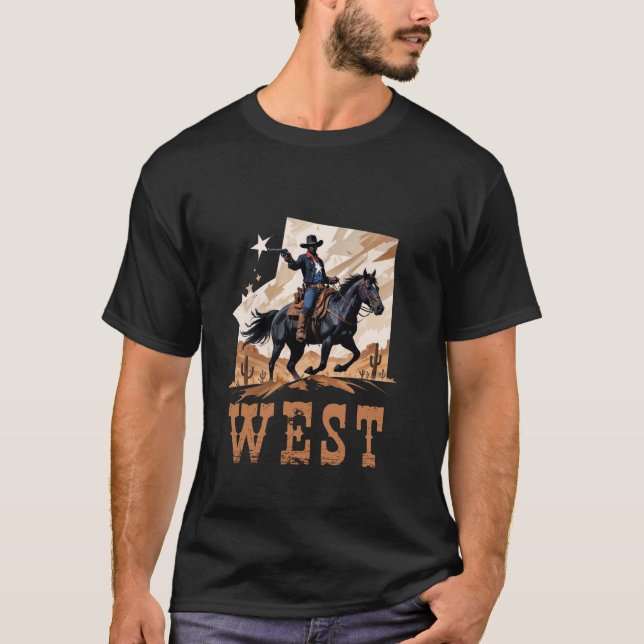 Camiseta Cavalgada de Rodeio de Cowboy Preto Ocidental Vint (Frente)