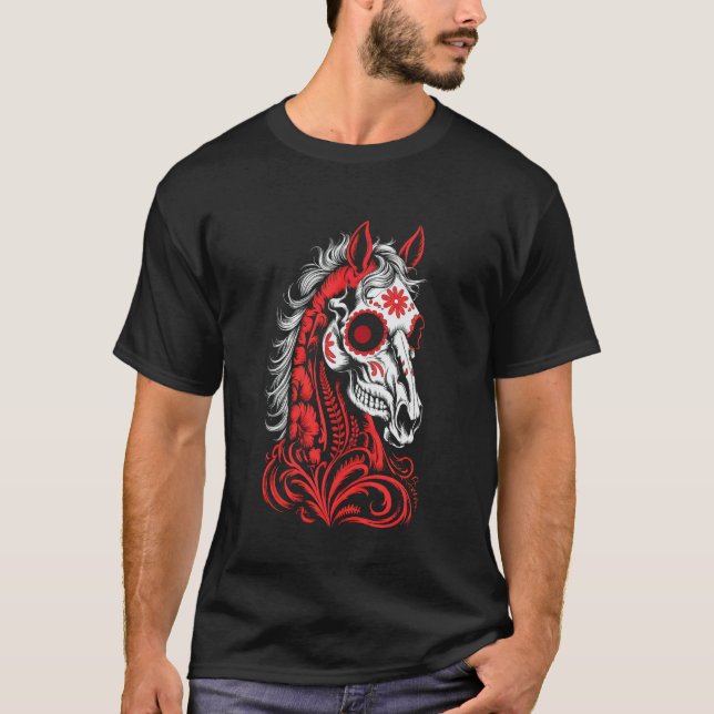 Camiseta Cavalgada Esqueleto Engraçado Cavaleiro De Los M (Frente)