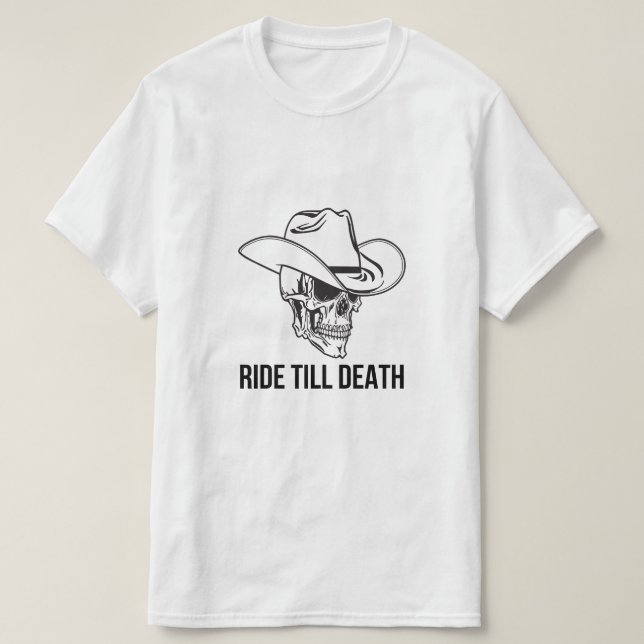 Camiseta Cavalgue Até a Morte Caveira de Cowboy (Frente do Design)
