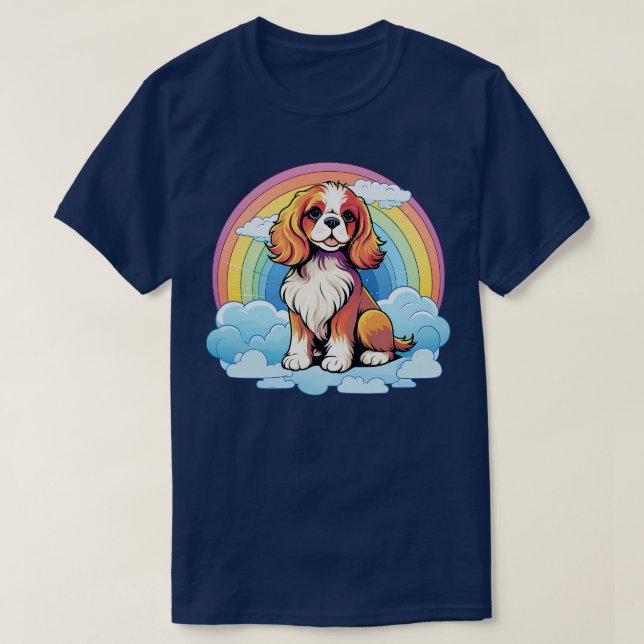 Camiseta Cavalier Cute King Charles Spaniel Rainbow Cloud P (Frente do Design)