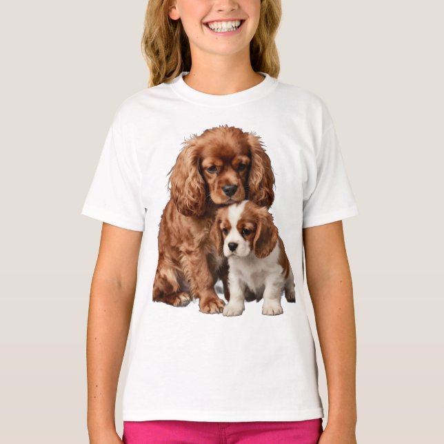 Camiseta Cavalier Spaniel Ruby e seu cachorrinho Blenheim (Frente)