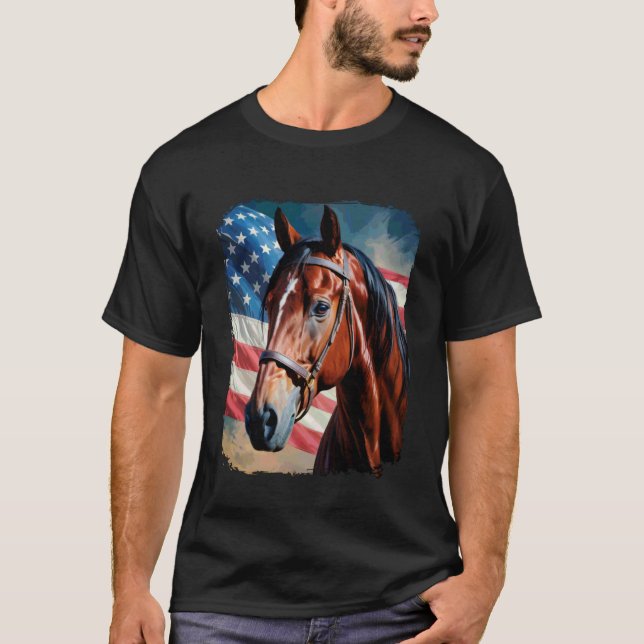 Camiseta Cavalo 4 de Julho Patriótico Cavalo Bandeira Ameri (Frente)