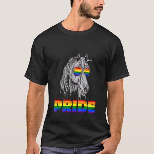Camiseta Cavalo Arco-Íris Bandeira Óculos-de-sol Gay Orgulh (Frente)