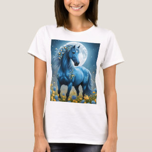 Camiseta Cavalo Azul Fantasia Mágica Flores da Lua,