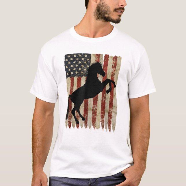 Camiseta Cavalo Cavaleiro Bandeira Americana EUA Patriótico (Frente)