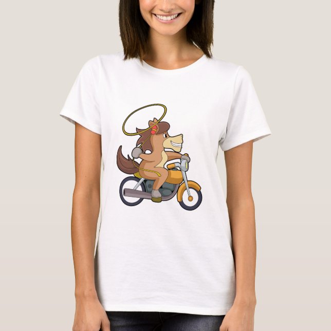 Camiseta Cavalo como cowboy com laço e moto (Frente)
