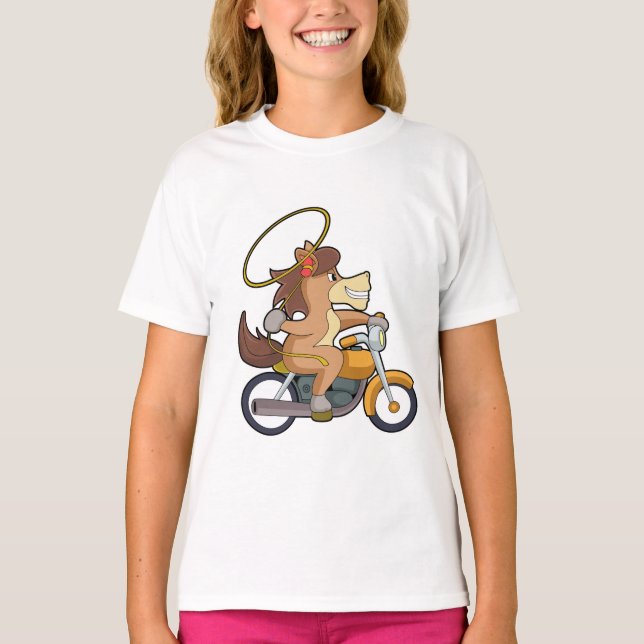 Camiseta Cavalo como cowboy com laço e moto (Frente)