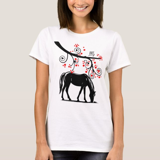 Camiseta Cavalo de Ano Novo Chinês e Flores Vermelhas (Frente)