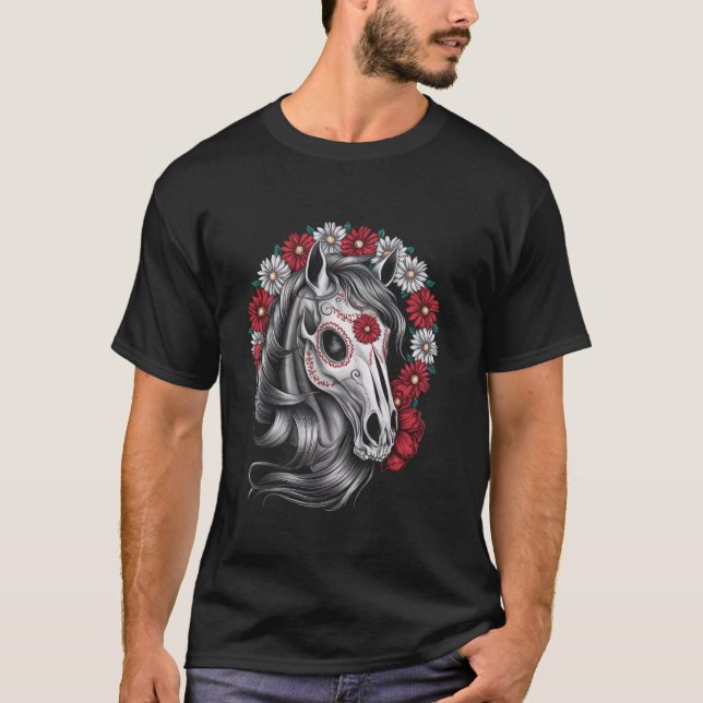Camiseta Cavalo de crânio de Halloween para homens Mulheres (Frente)