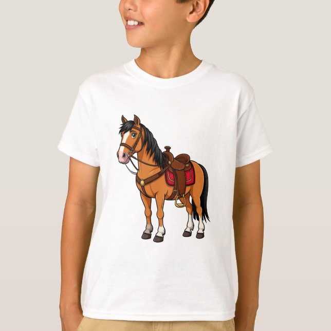 Camiseta Cavalo de desenho animado com sela e rédeas (Frente)
