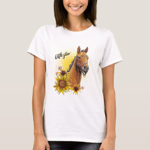 Camiseta Cavalo de desenho manual com girassóis