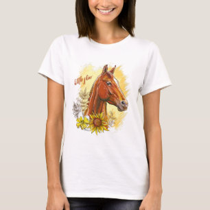 Camiseta Cavalo de desenho manual elegante com plantas e fl