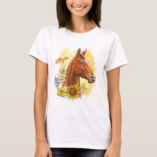 Camiseta Cavalo de desenho manual elegante com plantas e fl (Frente)