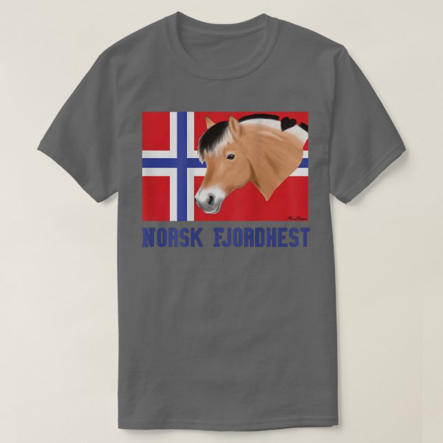 Camiseta Cavalo de fiorde com bandeira norueguesa, fã de pô (Frente do Design)