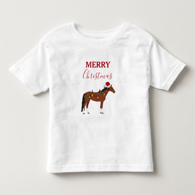 Camiseta Cavalo de Natal Chapéu de Papai Noel Luzes de Nata (Frente)
