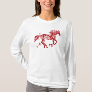 Camiseta Cavalo de Natal de Floco de Neve Vermelho e Branco