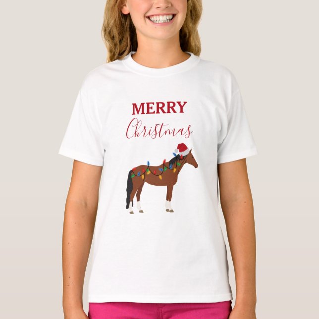 Camiseta Cavalo de Natal Santa Hat Luzes de Natal (Frente)