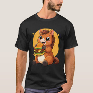 Camiseta Cavalo Fofo Comendo Hambúrguer Divertido Kawaii Co