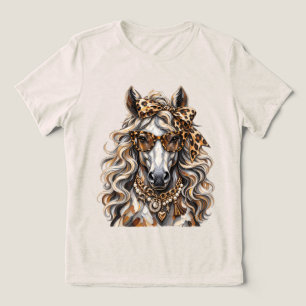 Camiseta Cavalo Glam Estampa de Leopardo Pulseira de Cadeia