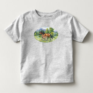 Camiseta Cavalo Islandês Sola e Potro em Prado de Montanha