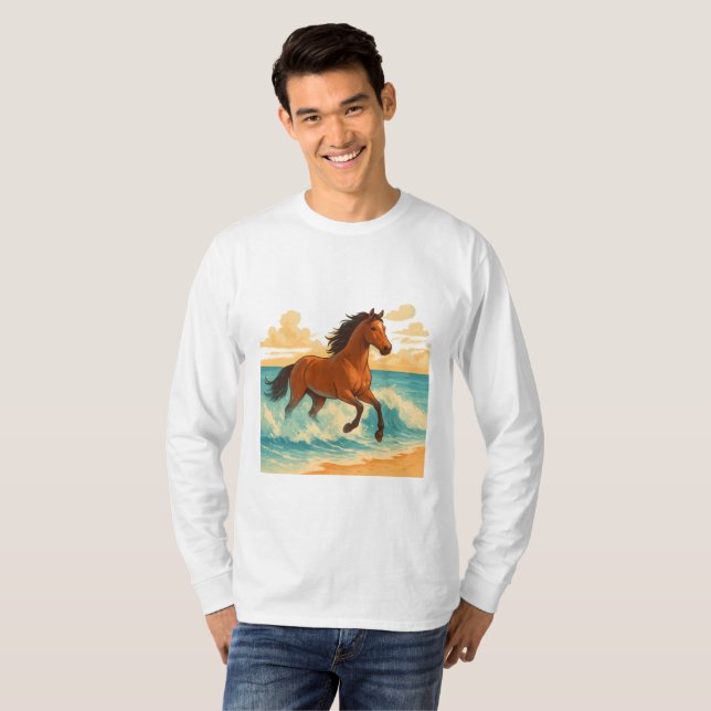 Camiseta Cavalo Majestoso Erguendo-se do Mar Poder e Liberd (Frente Completa)
