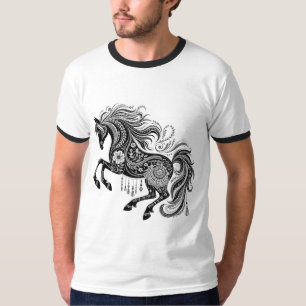 Camiseta Cavalo Mandala Boho Desenho de Arte de Linha Ornad