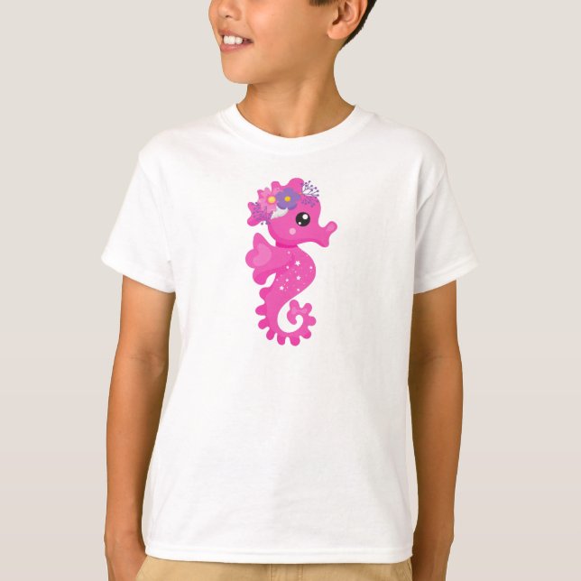 Camiseta Cavalo-marinho-Cinto, Cavalo-Cinto-Rosa, Flores, C (Frente)