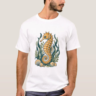 Camiseta Cavalo-Marinho Dourado com Erva-Marinha e Conchas