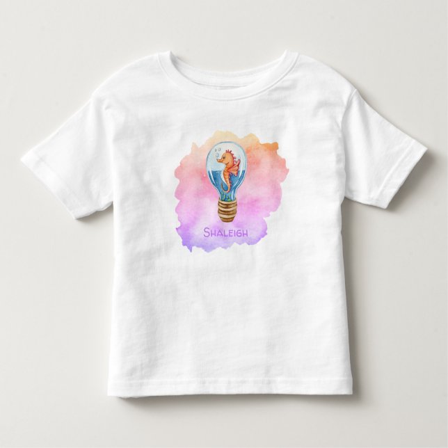 Camiseta Cavalo-marinho-Whimsic em Lightbulb em Aquarelas (Frente)