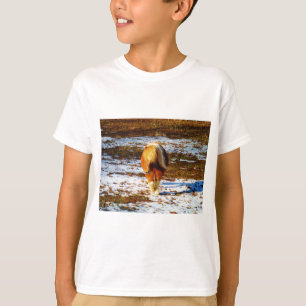 Camiseta Cavalo marrom e minúsculo creme na neve.