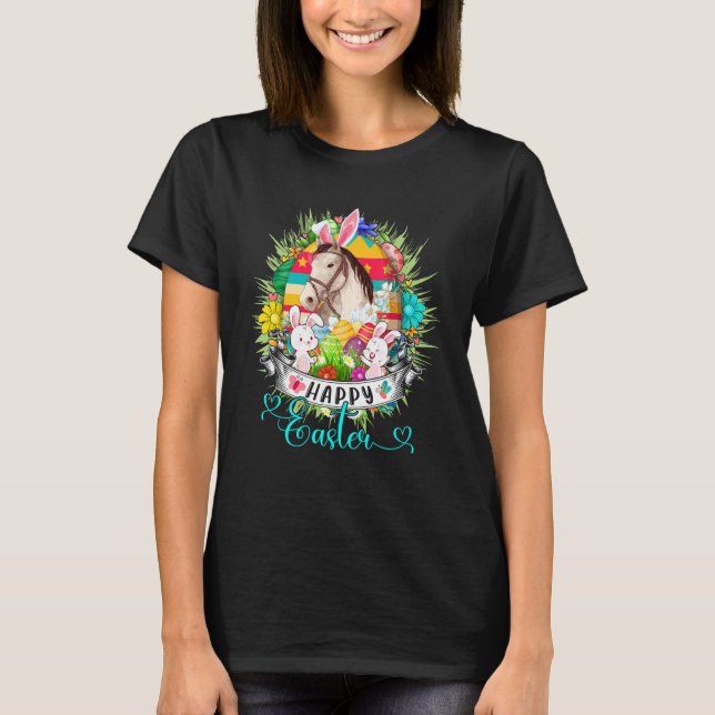 Camiseta Cavalo Na Cesta De Ovos De Páscoa Coelhinhos Feliz (Frente)