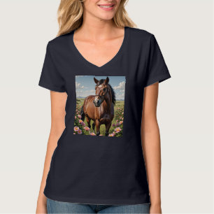 Camiseta Cavalo Nokota Rodeado por Rosas da Campina
