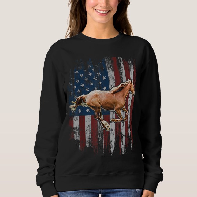 Camiseta Cavalo Patriótico - Bandeira Americana Andando Lon (Frente)