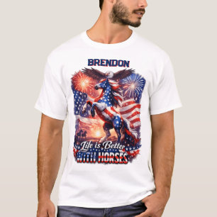 Camiseta Cavalo Patriótico Bandeira Americana Pôr do Sol Eq