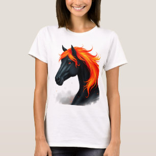 Camiseta Cavalo Preto Com Crina Vermelha Flamejante