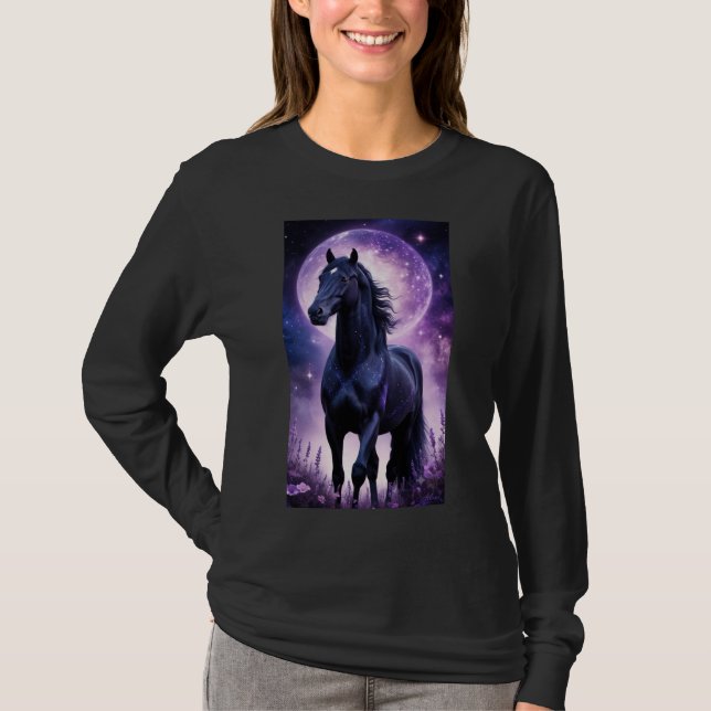 Camiseta Cavalo Preto Sob Lua Roxa (Frente)