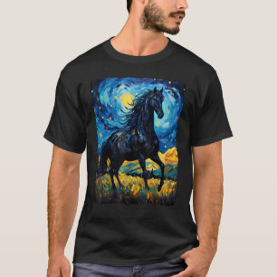 Camiseta Cavalo Preto Van Gogh Noite Estrelada Pintura Selv