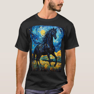 Camiseta Cavalo Preto Van Gogh Noite Estrelada Pintura Selv