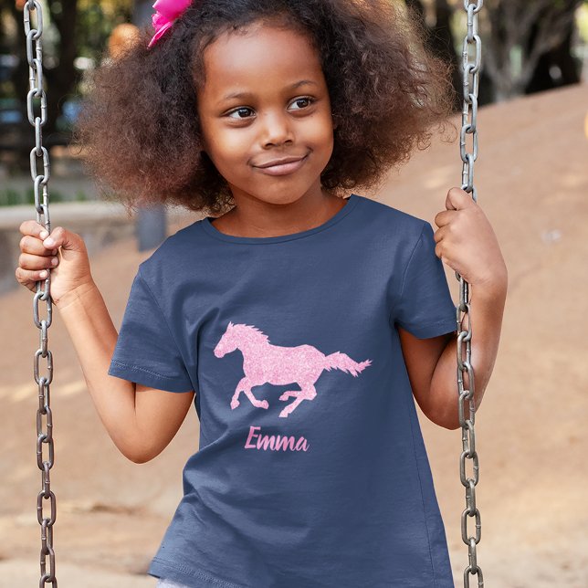 Camiseta Cavalo-reluzente Rosa Menina Nome Animal (Criador carregado)