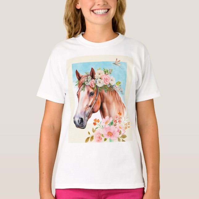 Camiseta Cavalos de Aquarela e Flores, Raparigas de Arte, C (Frente)
