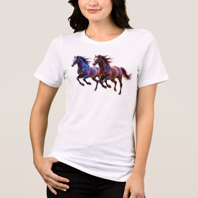 Camiseta Cavalos Místicos Neon Galácticos Correndo Par de F (Frente)
