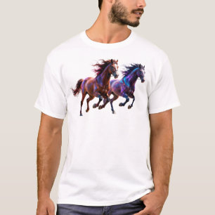Camiseta Cavalos Místicos Neon Galácticos Correndo Par de F