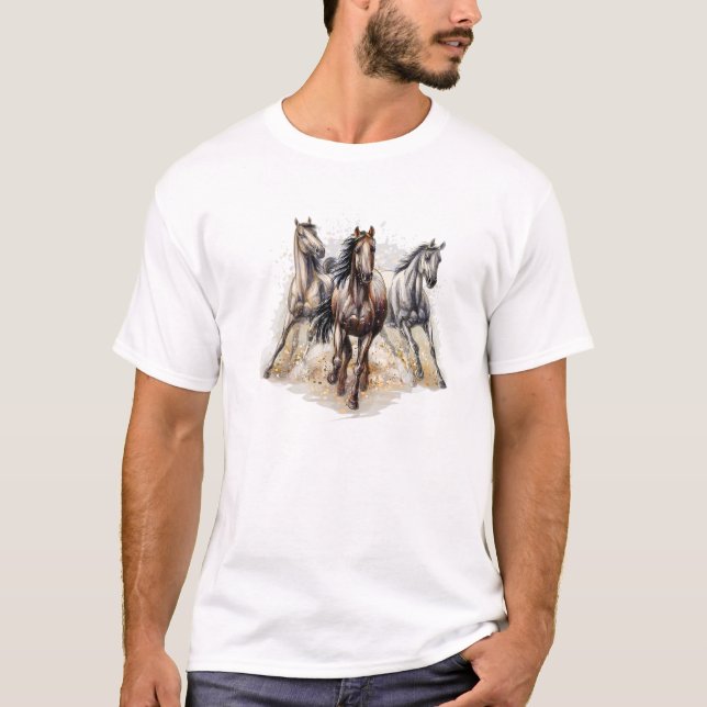 Camiseta Cavalos Negros Vermelhos Cavalos Cavalos Andando C (Frente)