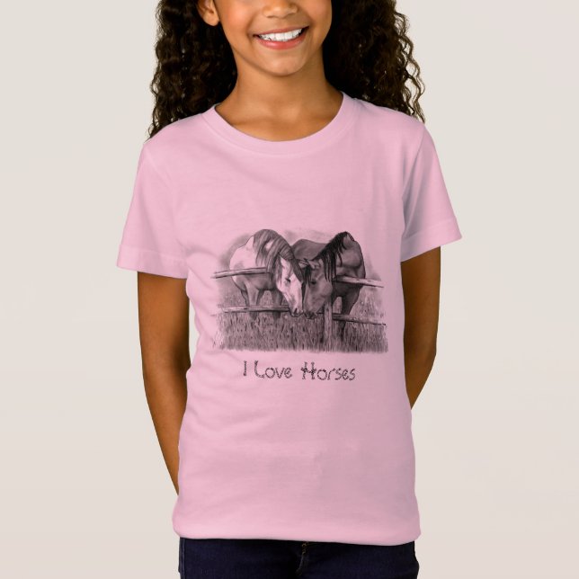 Camiseta Cavalos que Nuzzling: Desenho de lápis original (Frente)