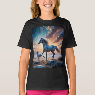 Camiseta Cavalos Selvagens Mare e Galos na paisagem do Dese