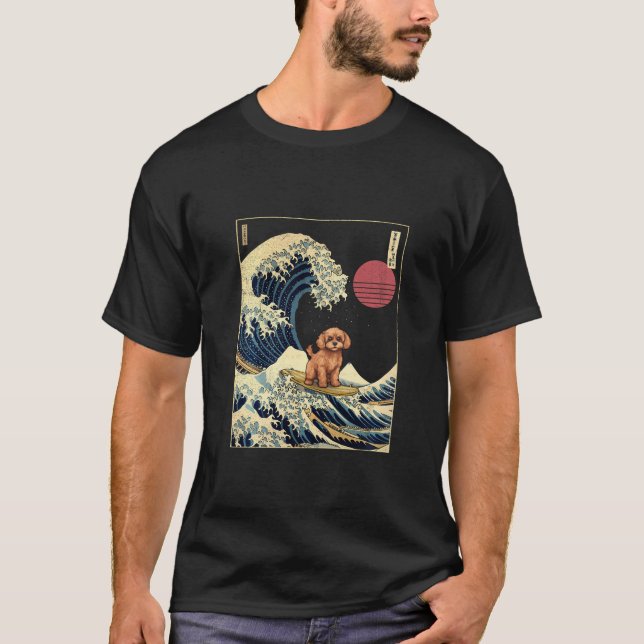 Camiseta Cavapoo Japonês Kanagawa Acenou Cachorro Surf Engr (Frente)