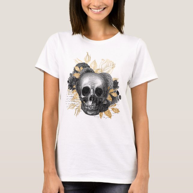 Camiseta Cavar um buquê de folhagem dourada de rosas antigo (Frente)