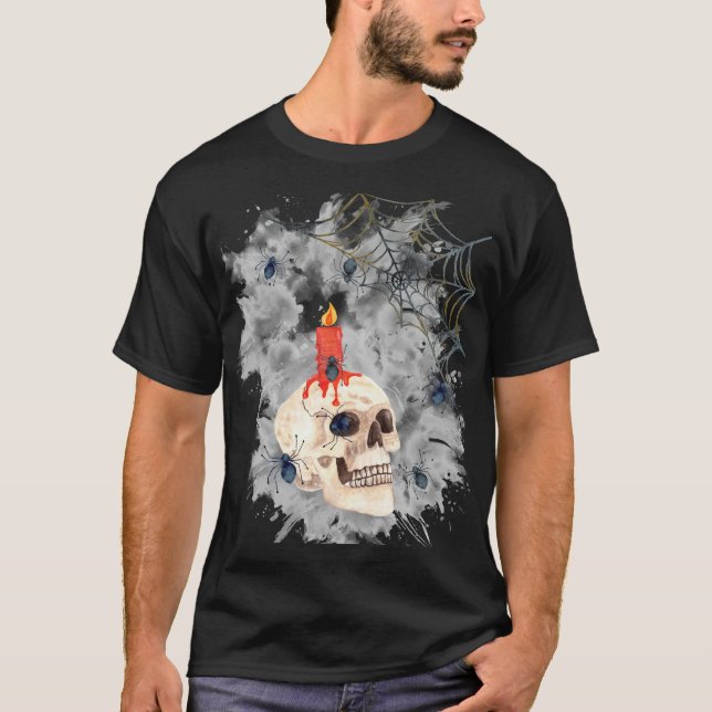 Camiseta Caveira Assustadora de Halloween, Vela, Aranhas e  (Frente)